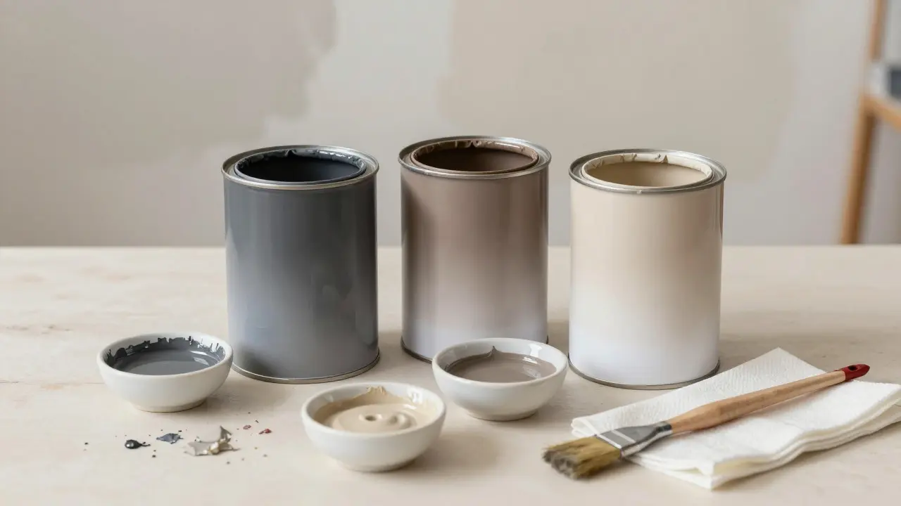 Paint cans and mixed shades arranged on a workbench