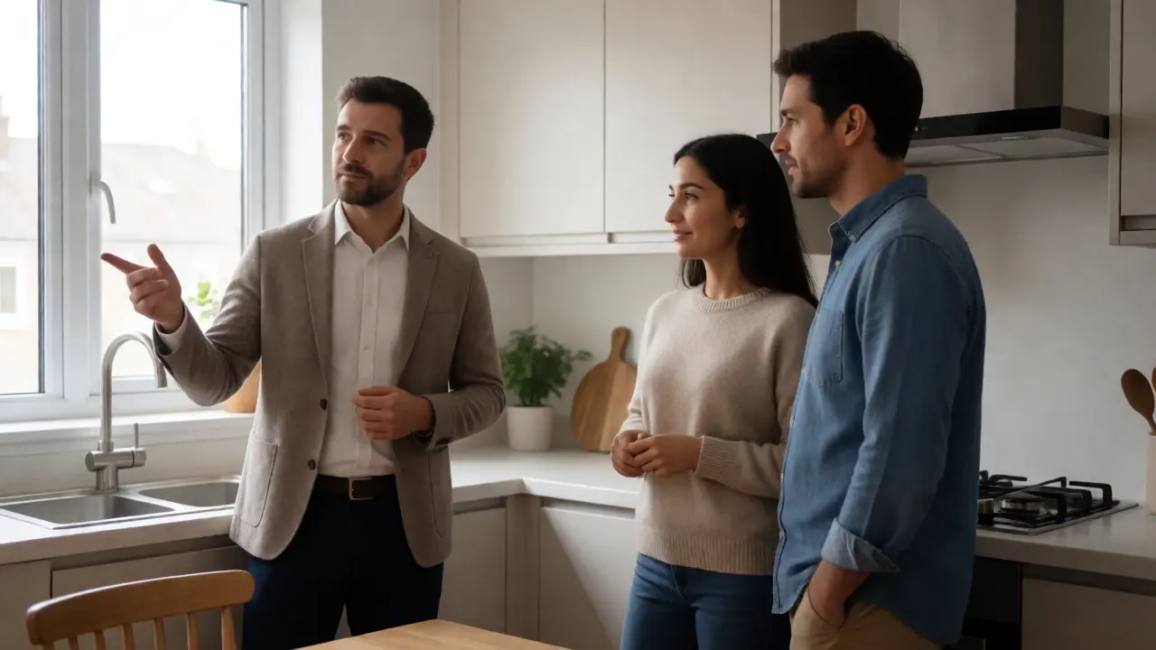 Realitní makléř v klidné konverzaci se zájemci o byt v prosvětleném interiéru.