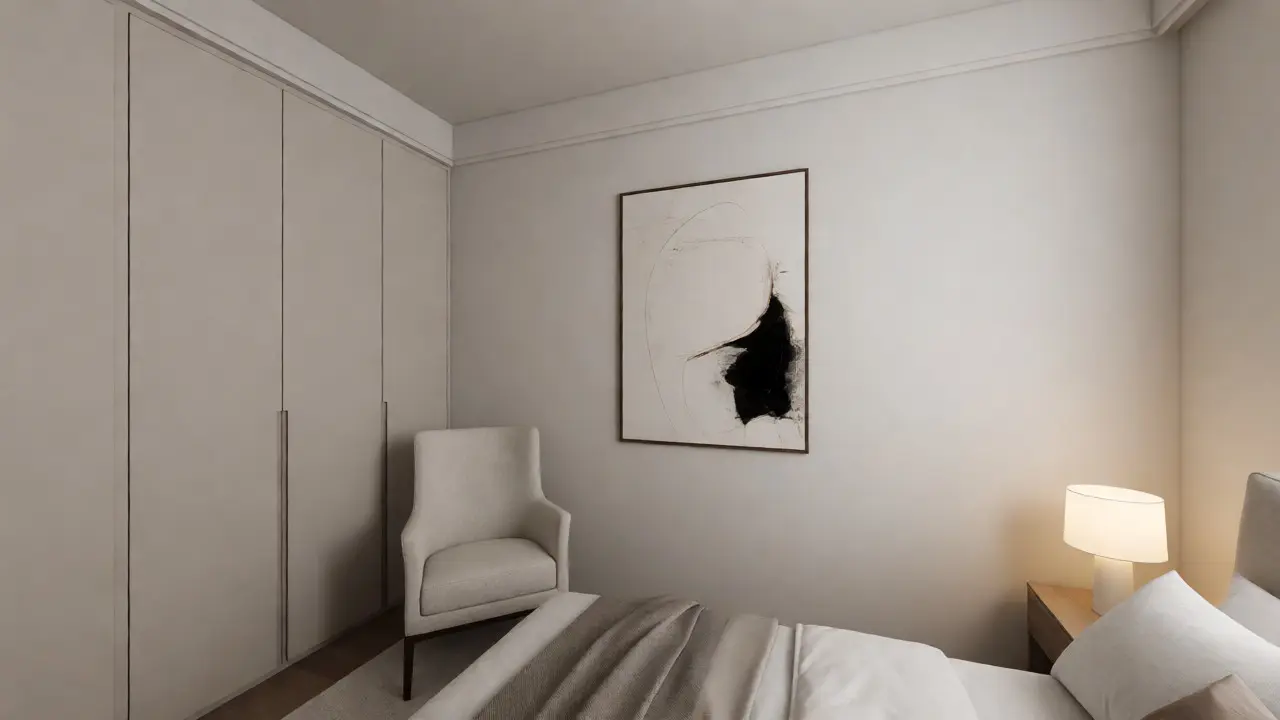 Roh minimalistické ložnice s křeslem, vestavěnou skříní a jedním obrazem na stěně