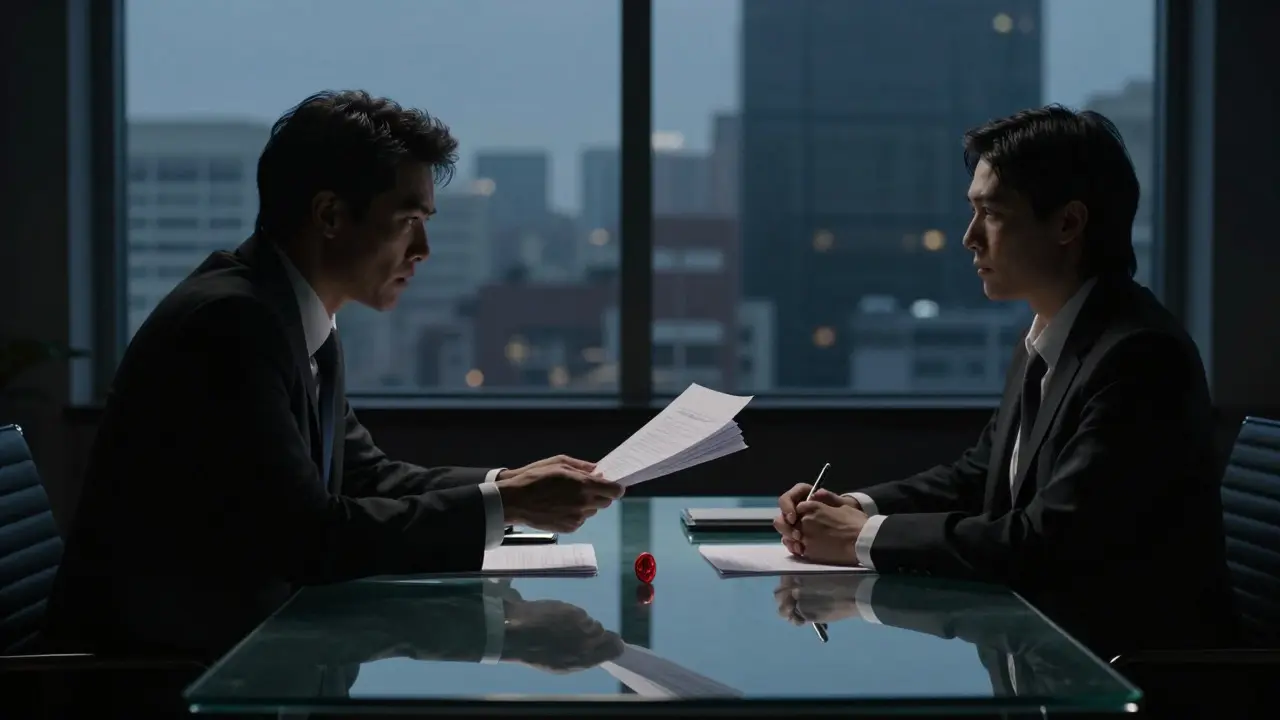Silhouettes negotiating across a table with a rolling coin
