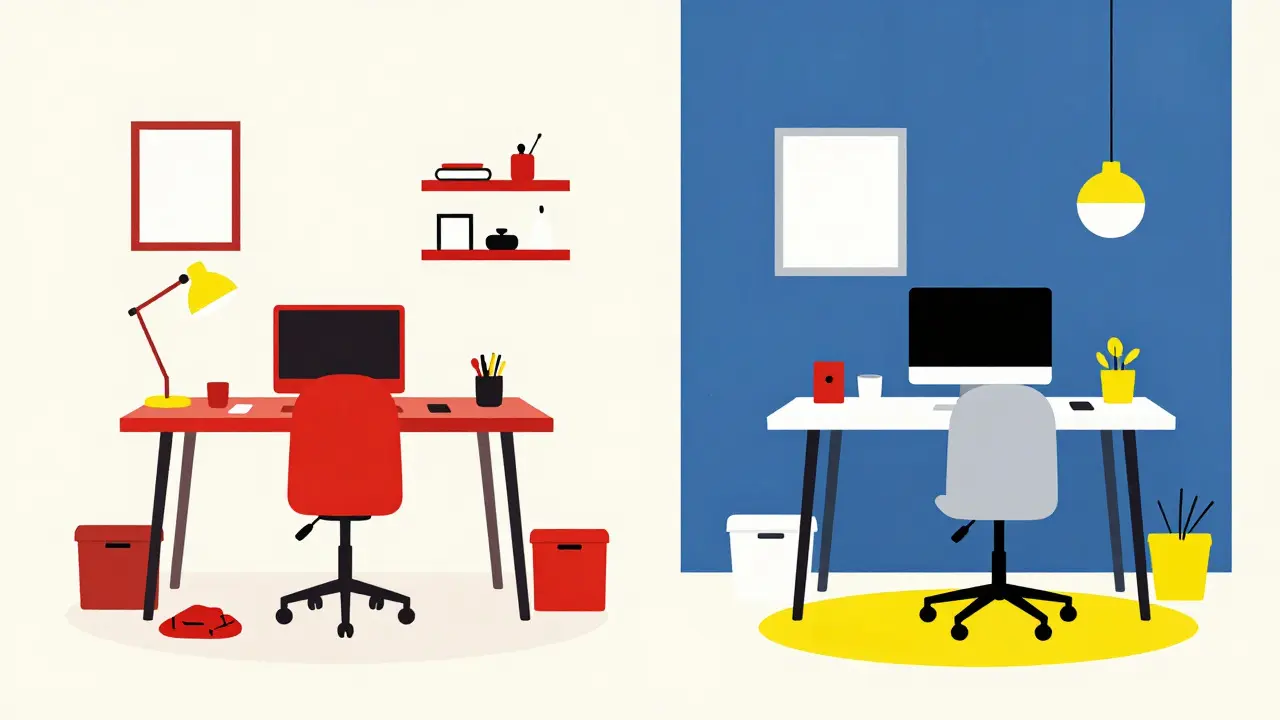 Srovnání barevného prostředí: chaos vs. harmonie v home office