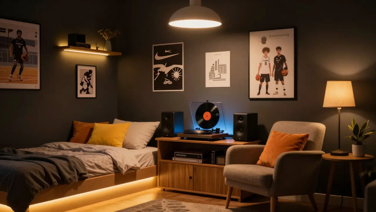 Večerní atmosféra v pokoji s LED osvětlením a hudebným koutkem