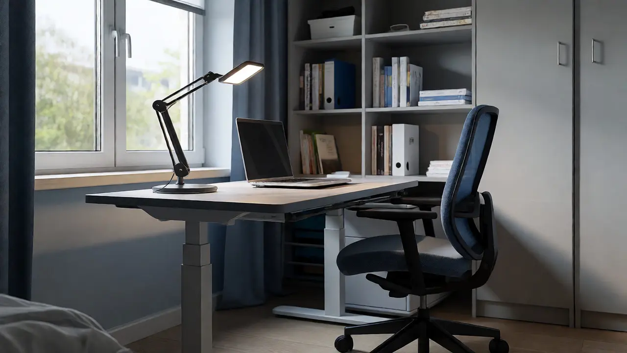 Ergonomický pracovní koutek školáka s nastavitelným stolem u okna a úložnými prostory.