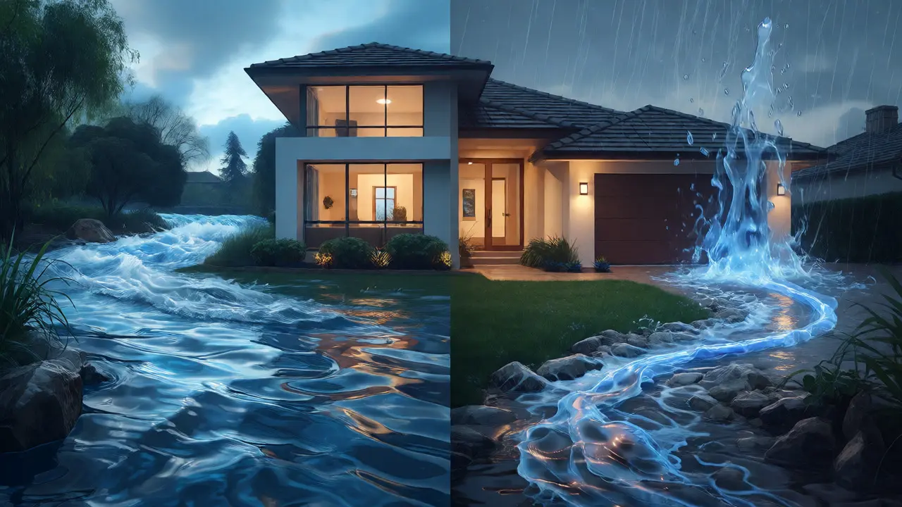 Ilustrace rozdílu mezi povodní z řeky a záplavou z deště