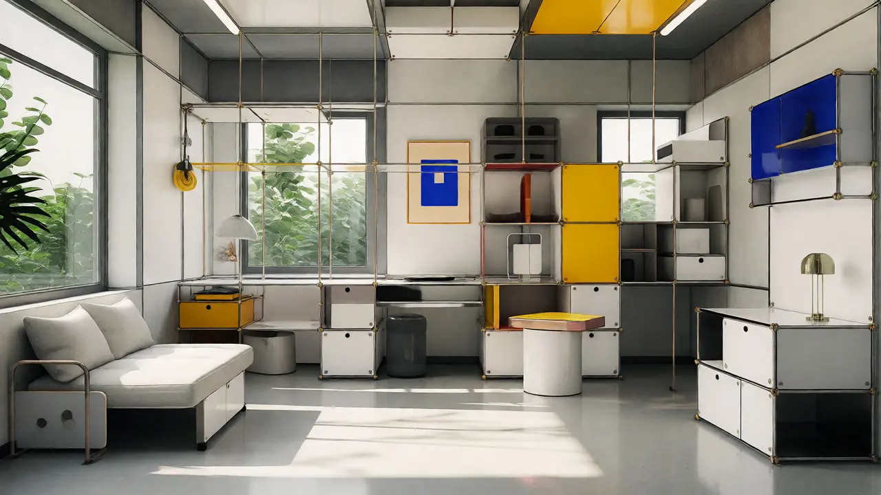 Koncept udržitelného Neo-Bauhaus interiéru s geometrickými tvary a primárními barvami