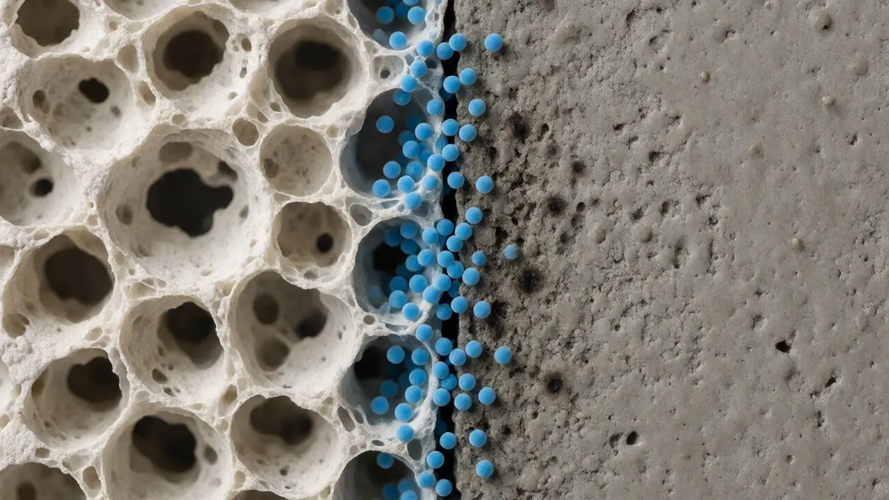 Makro pohled na pórovitou strukturu vápna versus neprůhledný cement