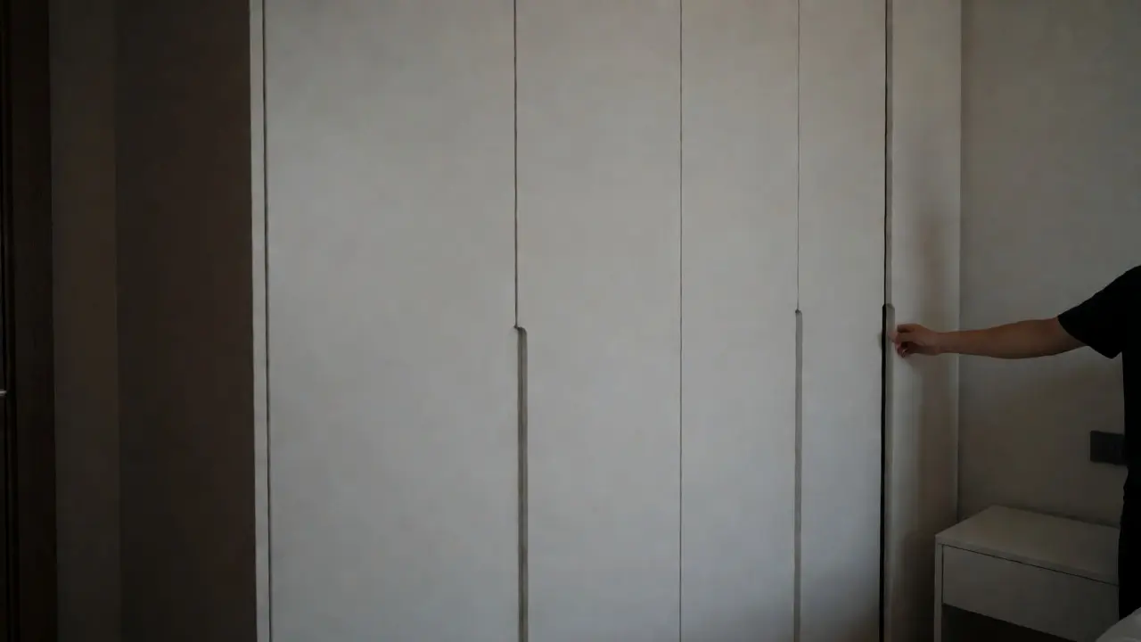 Masivní bílá skříň od podlahy ke stropu skrývající nepořádek v malém pokoji.