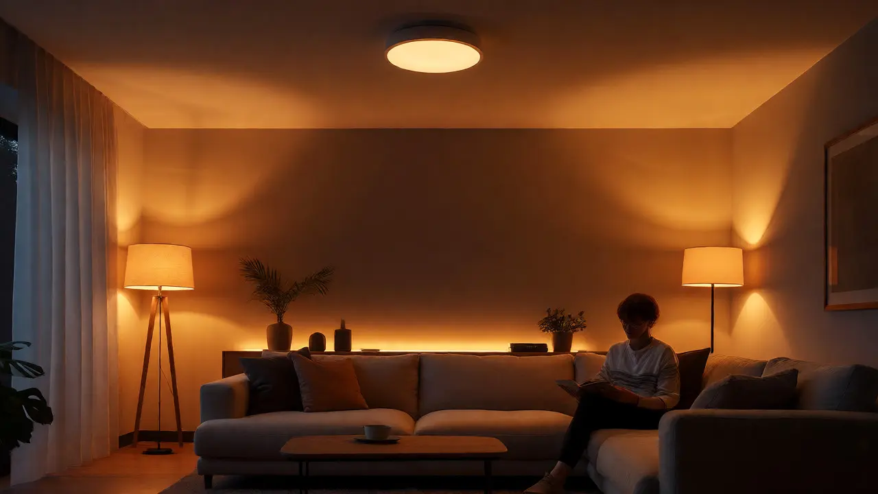 Obývák večer s teplým tlumeným osvětlením pro relaxaci