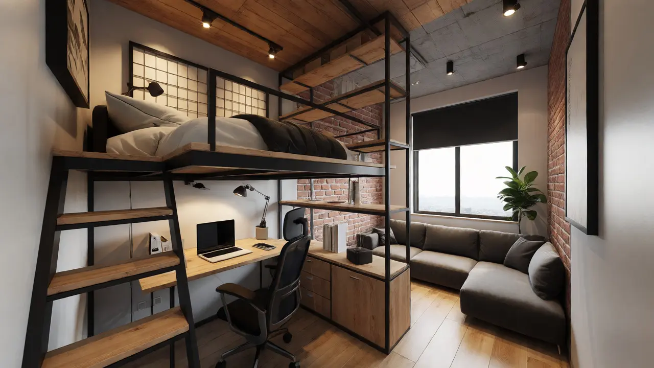 Vyvýšená postel s pracovním stolem pod ní ve stylu loft