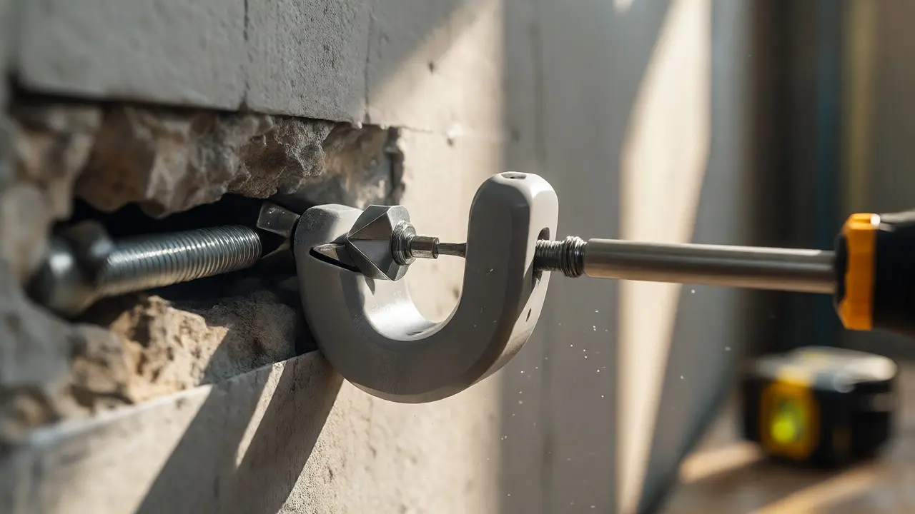 Detail instalace bezpečného háčku do sádrokartonu
