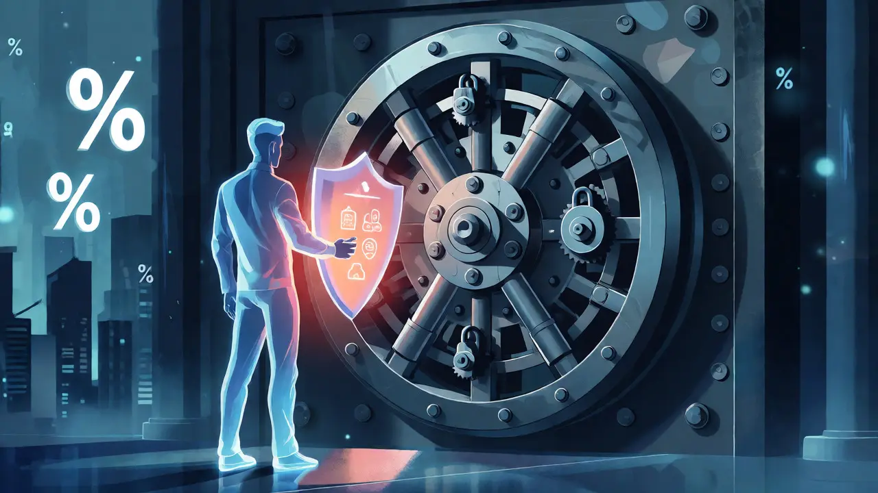 Ilustrace investora před bezpečnostními dveřmi banky