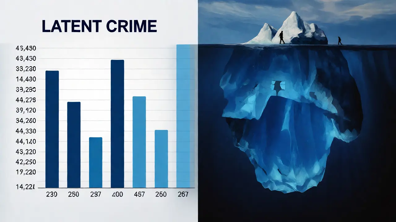 Konceptuální vizualizace latentní kriminality jako ledovce pod statistikami