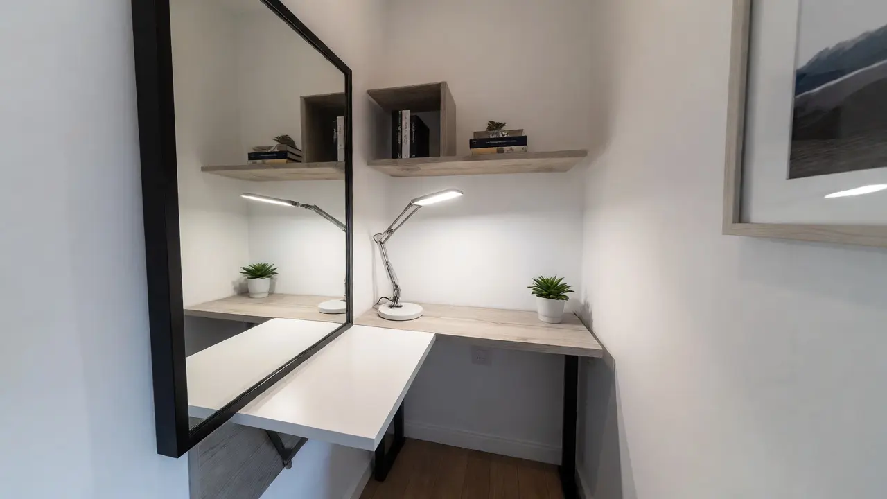 Rohový home office se zrcadlem a poličkami