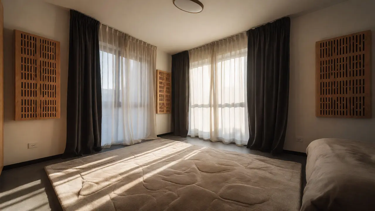 Světlá ložnice s koberci a dřevěnými akustickými panely pro ticho.